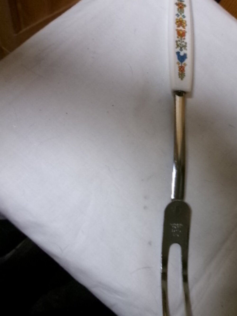 Rare Ecko vtg 2 prong Chromium plated meat fork Blue Rooster boho orange floral